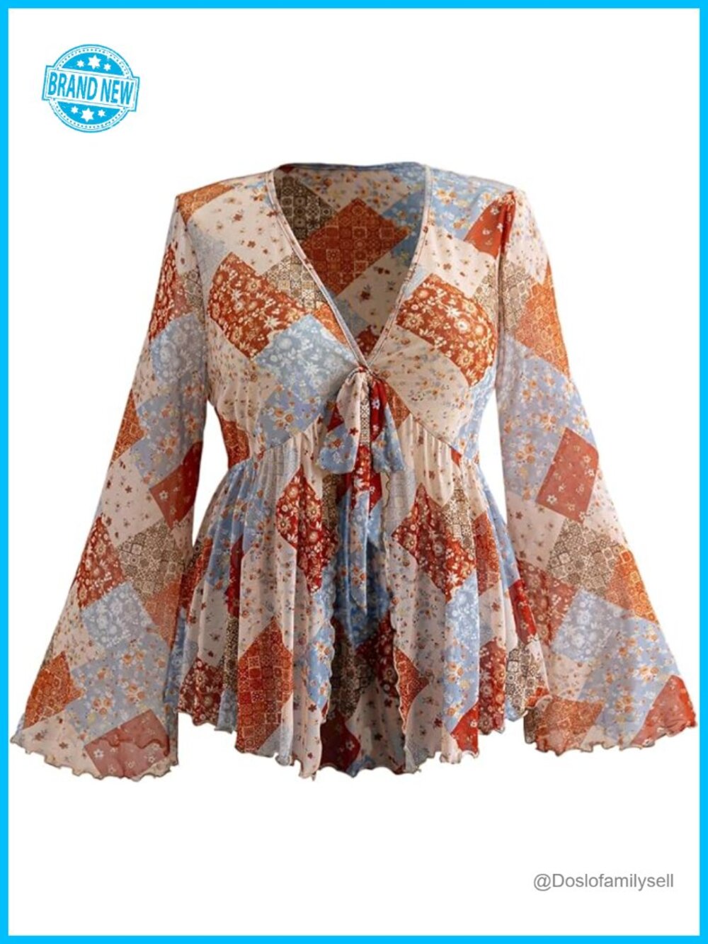 Bell Sleeve Boho Peplum Top with Tie Front - Plus Size